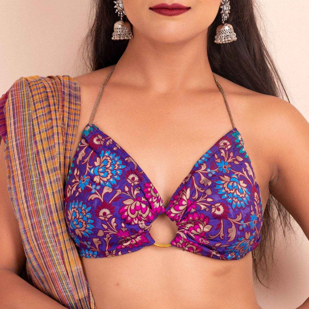 Designer Fabric Purple Brocade Backless Halter Neck Bikini Blouse, Non-Padded - Lookandadorn.com