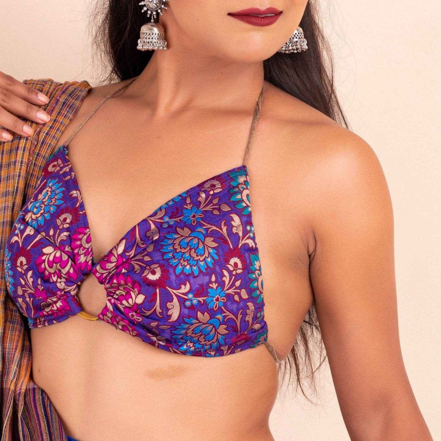 Designer Fabric Purple Brocade Backless Halter Neck Bikini Blouse, Non-Padded - Lookandadorn.com