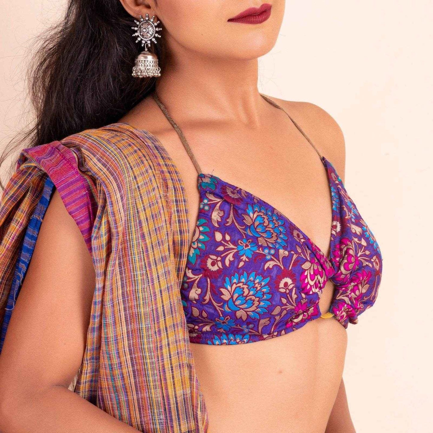 Designer Fabric Purple Brocade Backless Halter Neck Bikini Blouse, Non-Padded - Lookandadorn.com