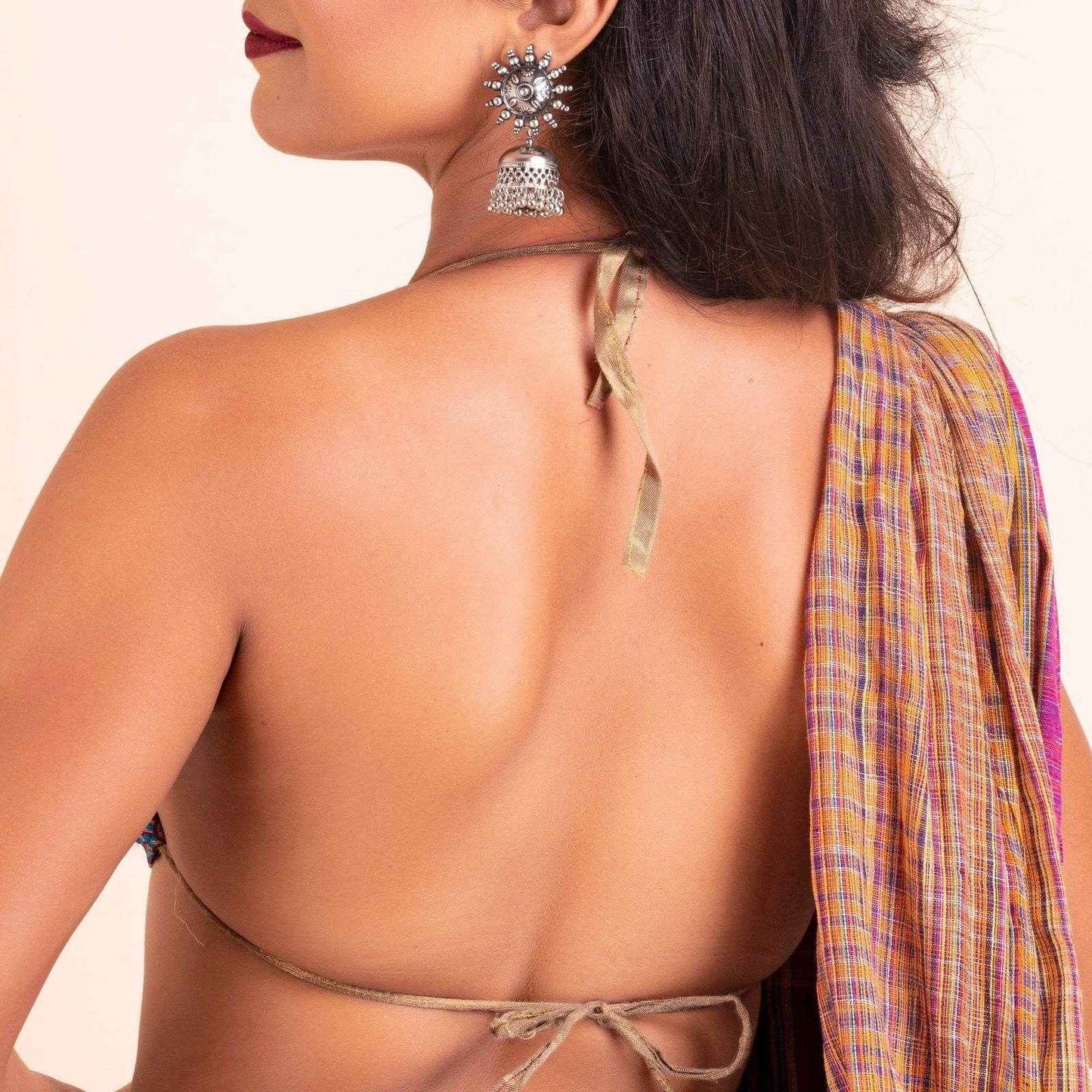 Designer Fabric Purple Brocade Backless Halter Neck Bikini Blouse, Non-Padded - Lookandadorn.com