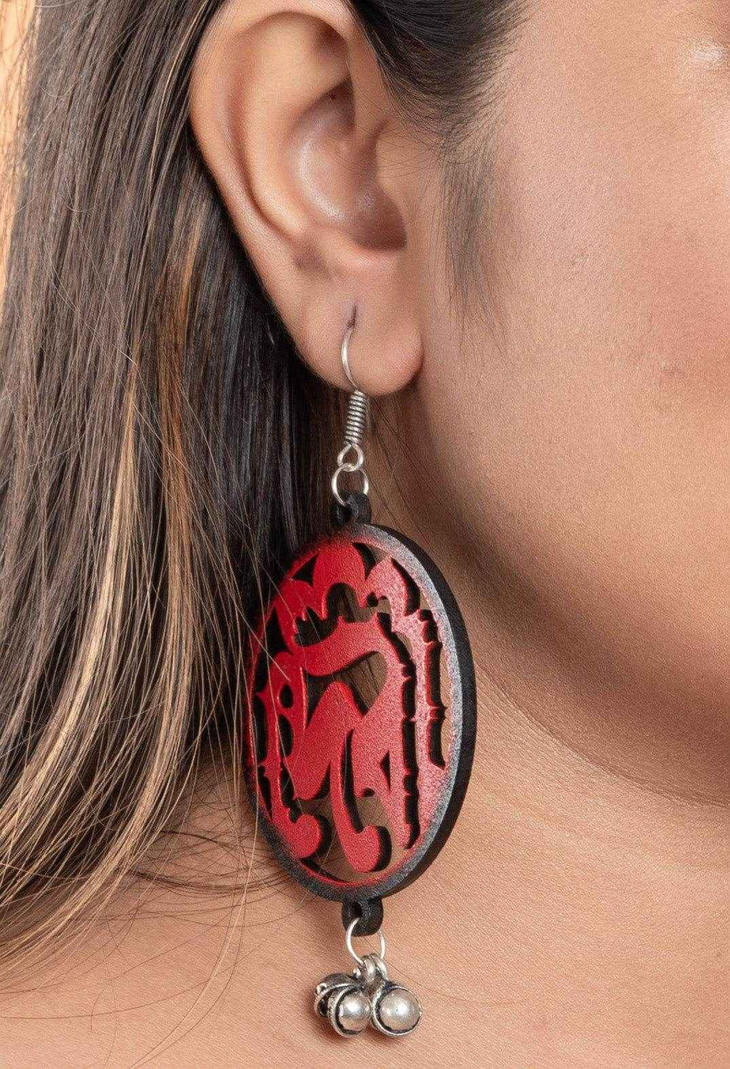 Quirky Wooden Devi Earrings With Ghungroo Bells - Unique Red And Black Jewelry For All Occasions - Lookandadorn.com