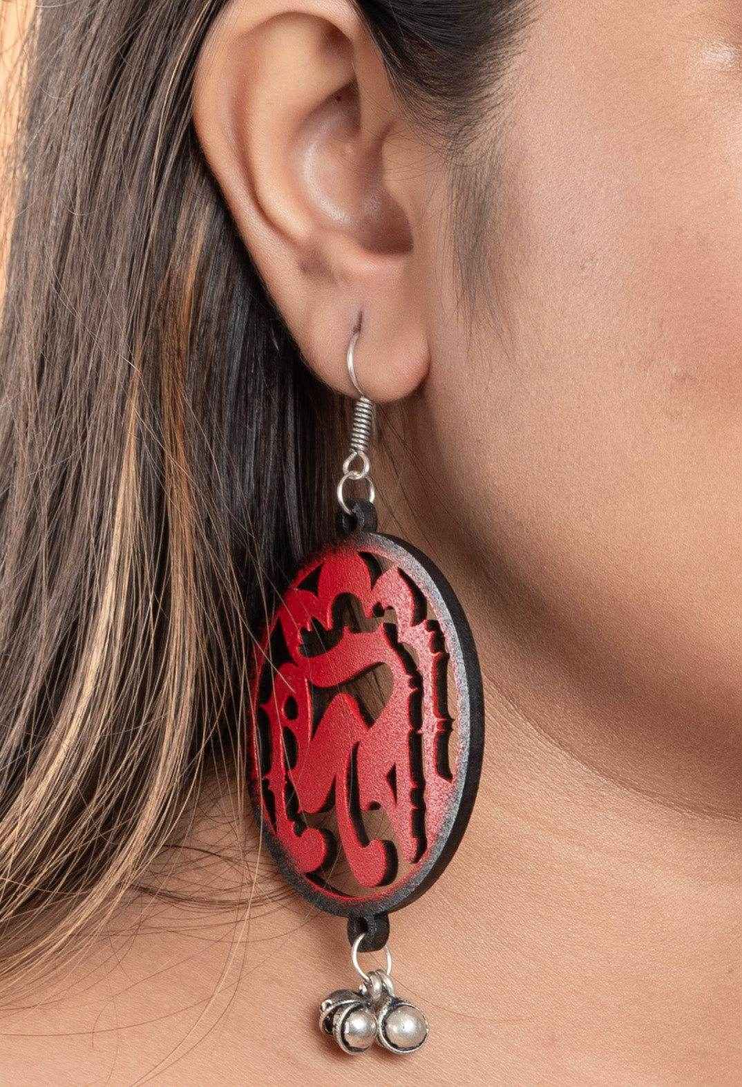 Quirky Wooden Devi Earrings With Ghungroo Bells - Unique Red And Black Jewelry For All Occasions - Lookandadorn.com