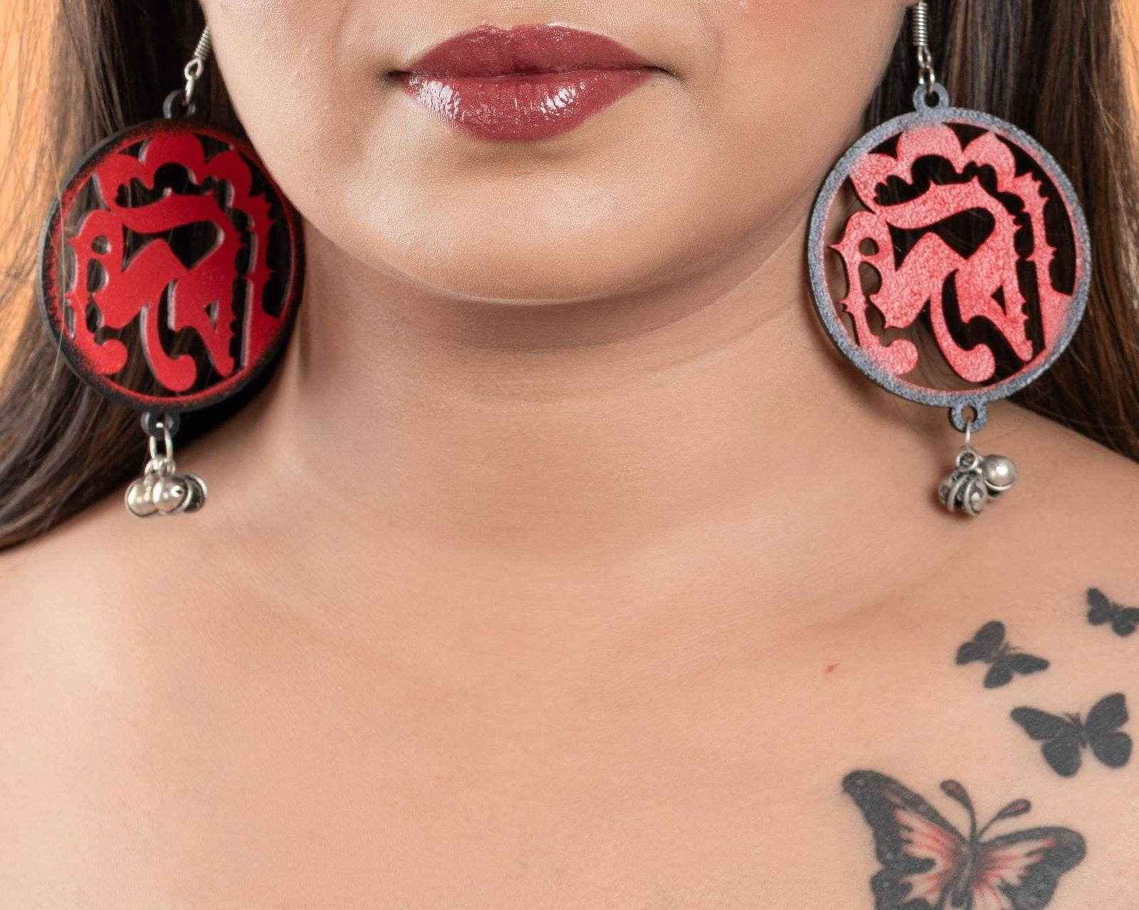 Quirky Wooden Devi Earrings With Ghungroo Bells - Unique Red And Black Jewelry For All Occasions - Lookandadorn.com