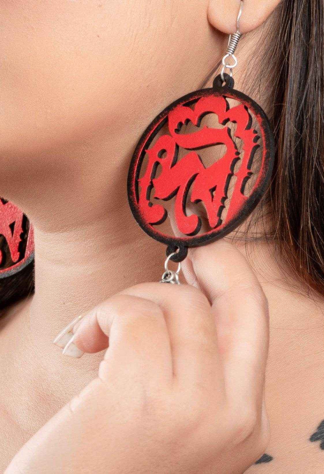 Quirky Wooden Devi Earrings With Ghungroo Bells - Unique Red And Black Jewelry For All Occasions - Lookandadorn.com