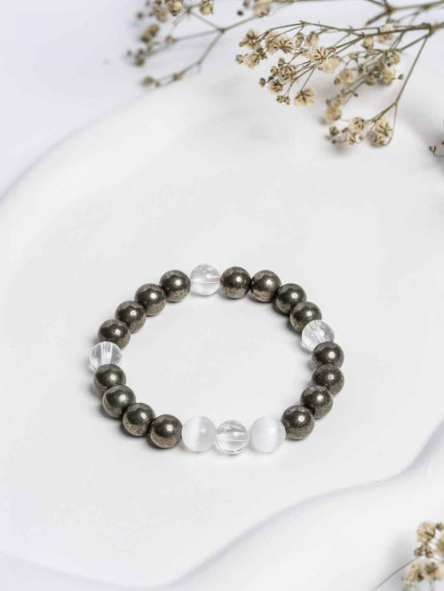 Pyrite Clear Quartz Raj Yog Bracelet with Self Recharge Selenite