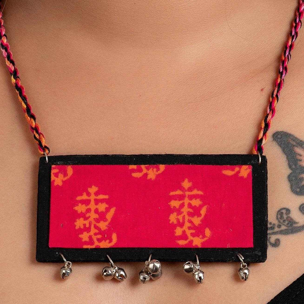 Handmade Fabric Neckpiece in Black, Pink & Orange with Ghungroo and Adjustable Dori for Women - Lookandadorn.com