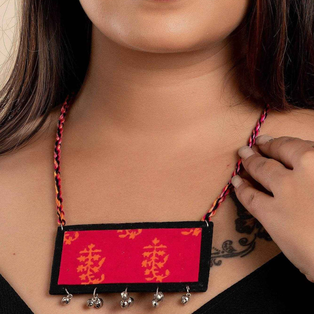 Handmade Fabric Neckpiece in Black, Pink & Orange with Ghungroo and Adjustable Dori for Women - Lookandadorn.com