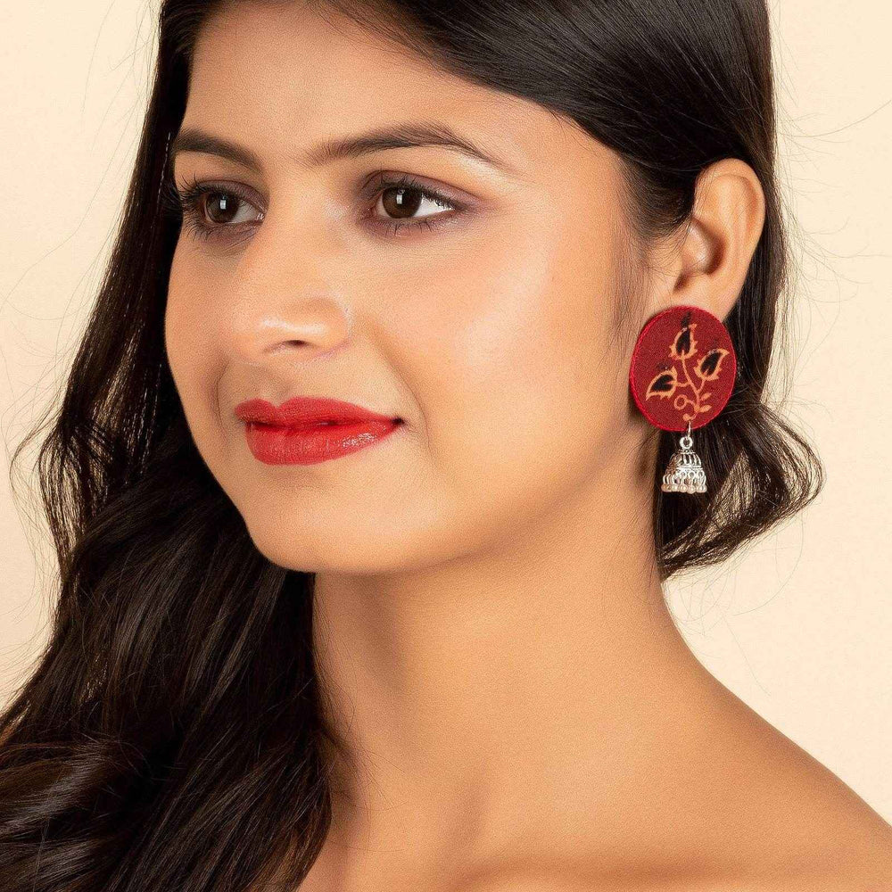 Handmade Red And Black Ajrakh Cotton Fabric With German Silver Jhumka Earrings For All Occasions - Lookandadorn.com