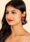 Handmade Red And Black Ajrakh Cotton Fabric With German Silver Jhumka Earrings For All Occasions - Lookandadorn.com