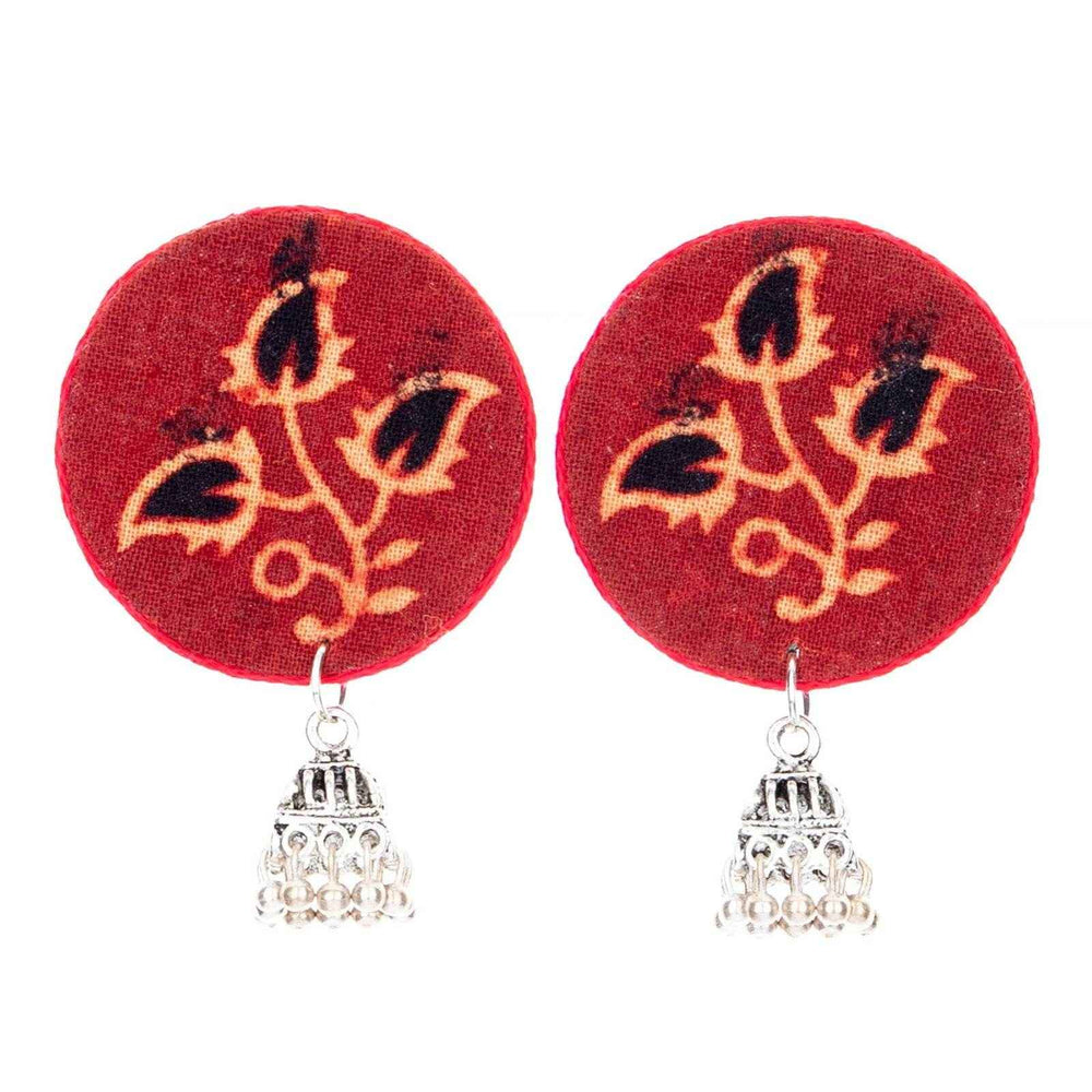 Handmade Red And Black Ajrakh Cotton Fabric With German Silver Jhumka Earrings For All Occasions - Lookandadorn.com
