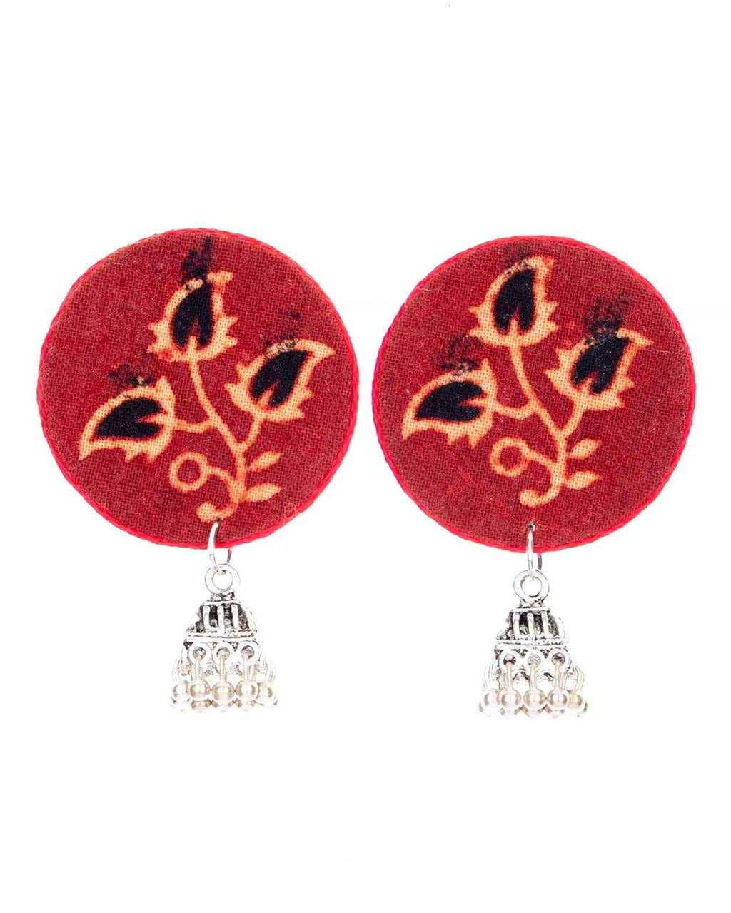 Handmade Red And Black Ajrakh Cotton Fabric With German Silver Jhumka Earrings For All Occasions - Lookandadorn.com