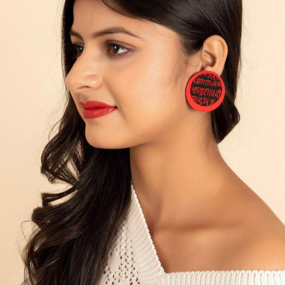 Handmade Red And Black Script Fabric Stud Earrings – Stylish For All Occasions - Lookandadorn.com