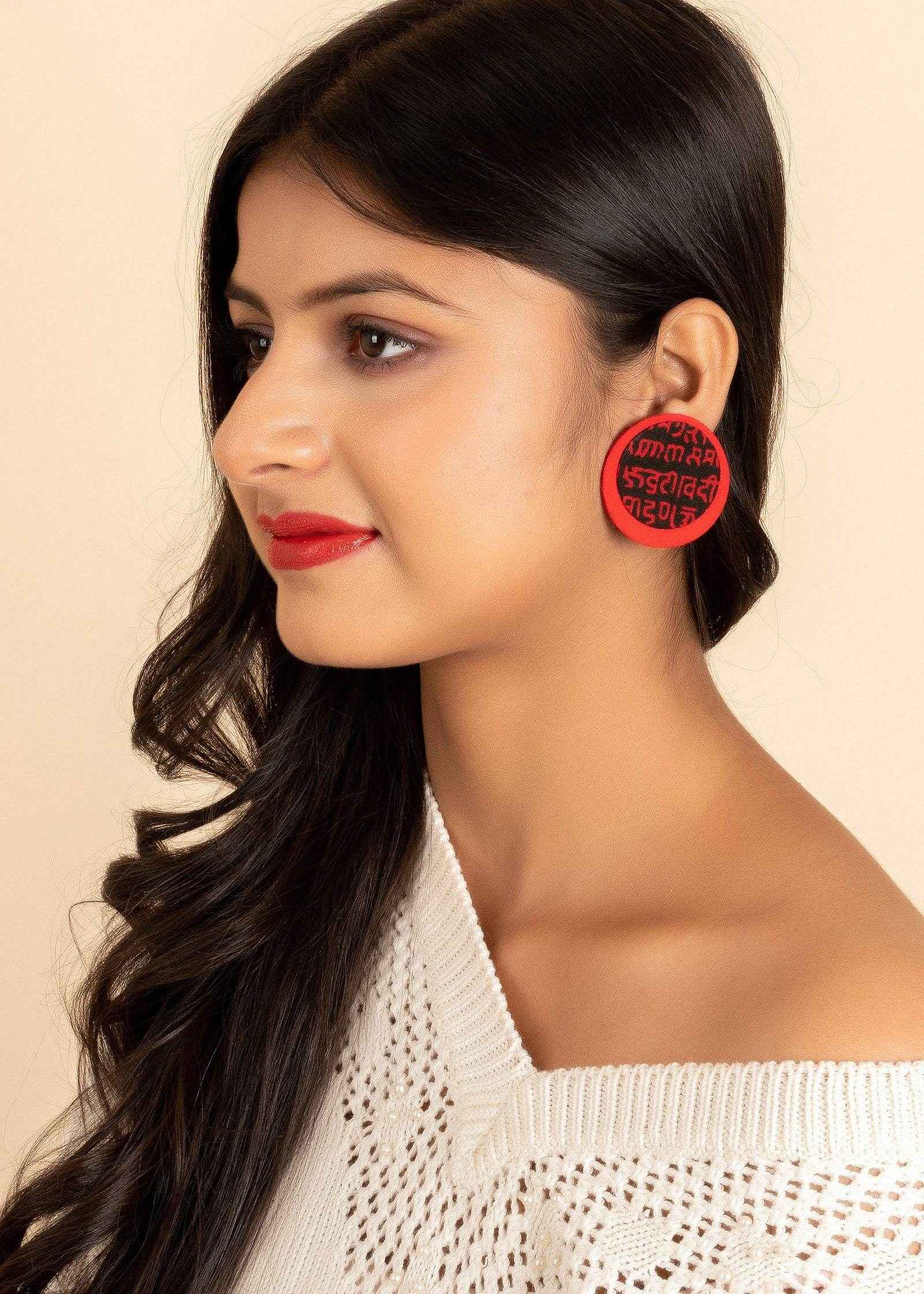 Handmade Red And Black Script Fabric Stud Earrings – Stylish For All Occasions - Lookandadorn.com