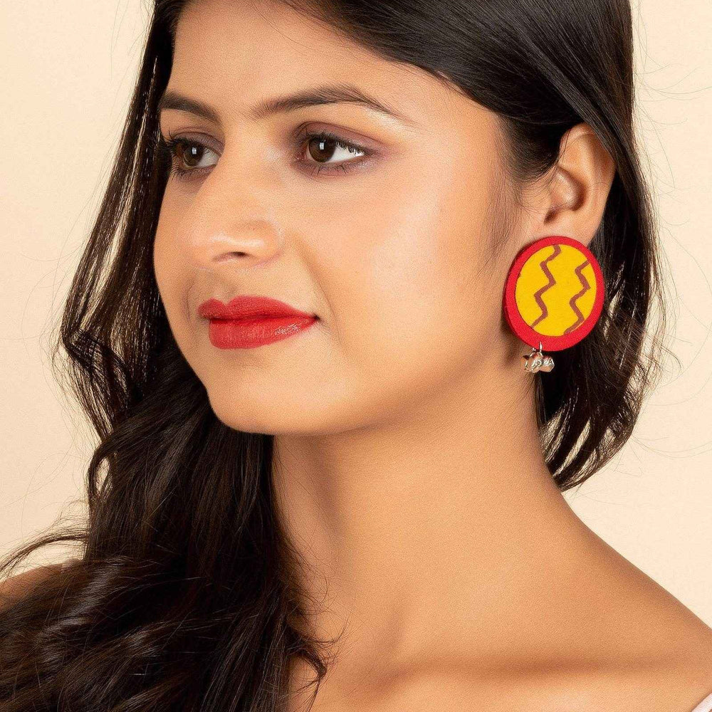 Handmade Red And Yellow Zigzag Cotton Fabric with Ghungroo Stud Earrings For Women - Perfect For All Occasions - Lookandadorn.com