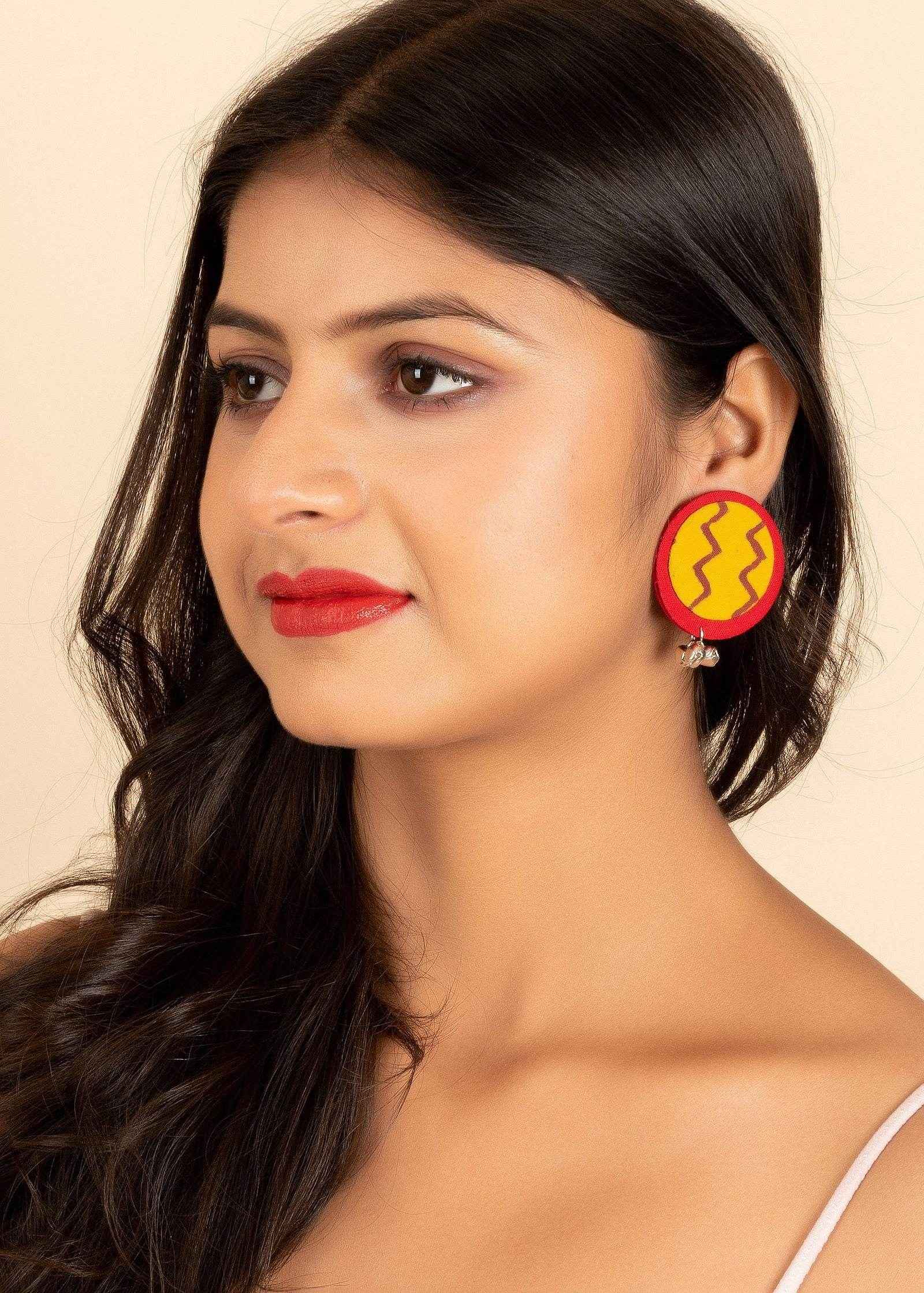Handmade Red And Yellow Zigzag Cotton Fabric with Ghungroo Stud Earrings For Women - Perfect For All Occasions - Lookandadorn.com