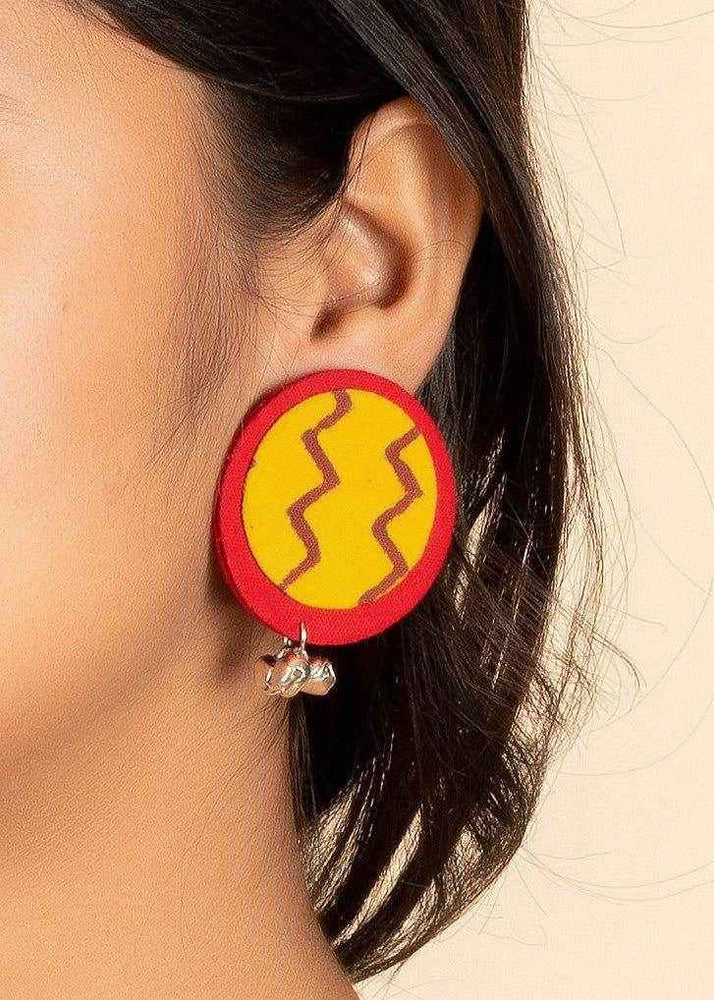 Handmade Red And Yellow Zigzag Cotton Fabric with Ghungroo Stud Earrings For Women - Perfect For All Occasions - Lookandadorn.com