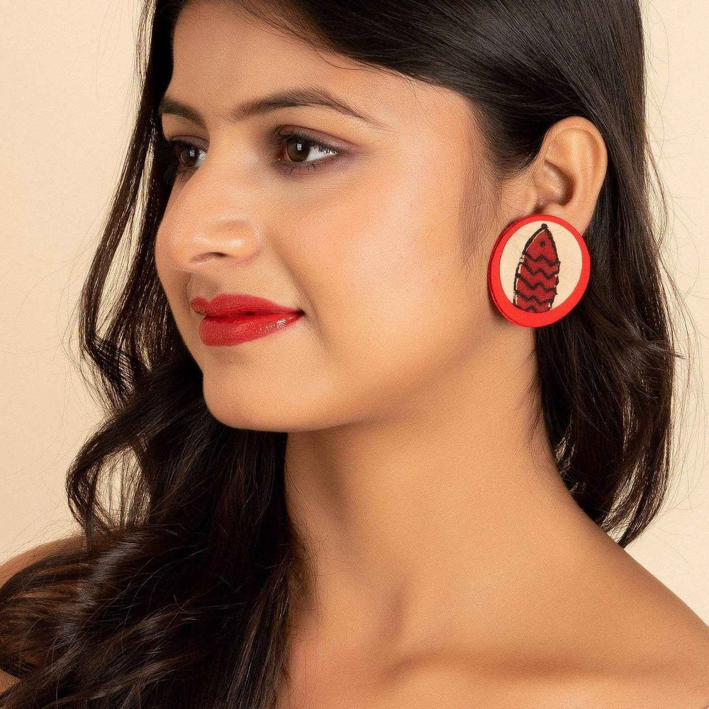 Handmade Red Beige Ajrakh Fish Fabric Stud Earrings, Non-Allergic Fashion Jewelry - Lookandadorn.com
