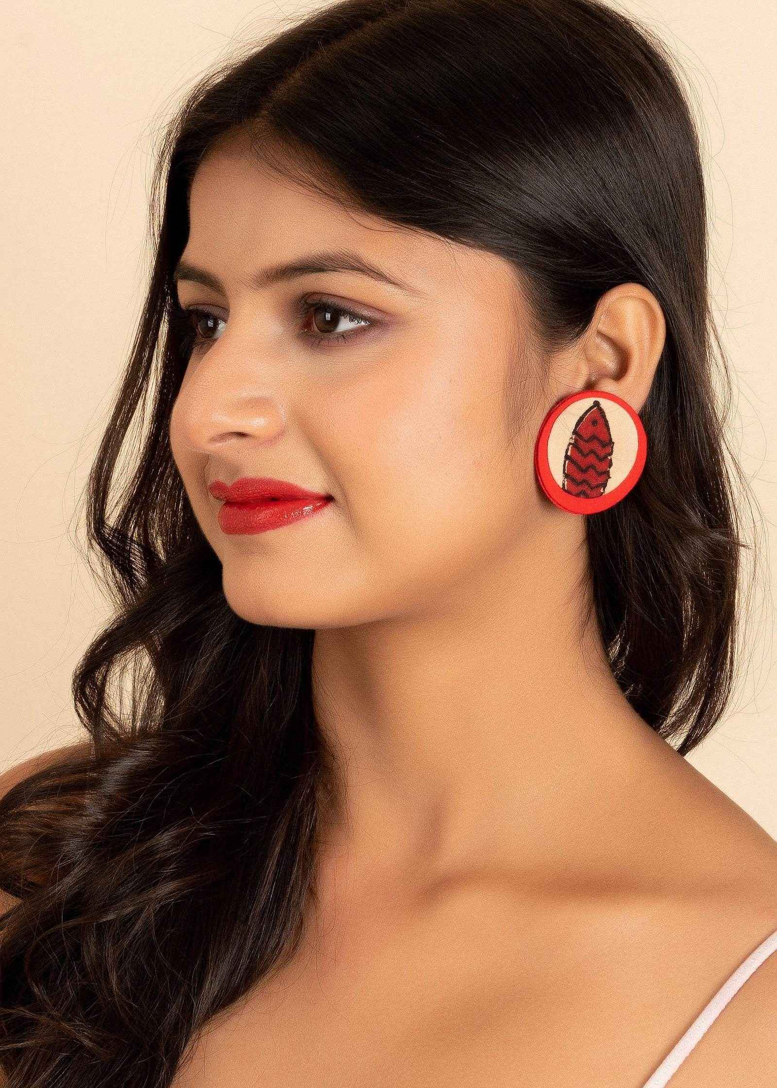 Handmade Red Beige Ajrakh Fish Fabric Stud Earrings, Non-Allergic Fashion Jewelry - Lookandadorn.com