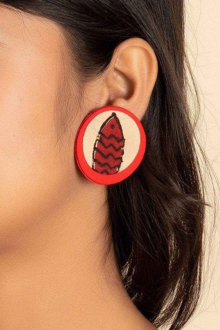 Handmade Red Beige Ajrakh Fish Fabric Stud Earrings, Non-Allergic Fashion Jewelry - Lookandadorn.com