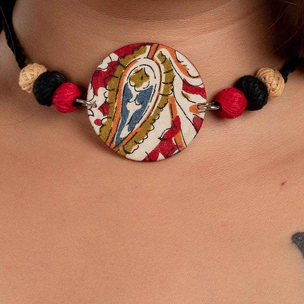 Fabric Handmade Choker Necklace with Kalamkari Design, Thread Balls, and Adjustable Dori for Women - Lookandadorn.com