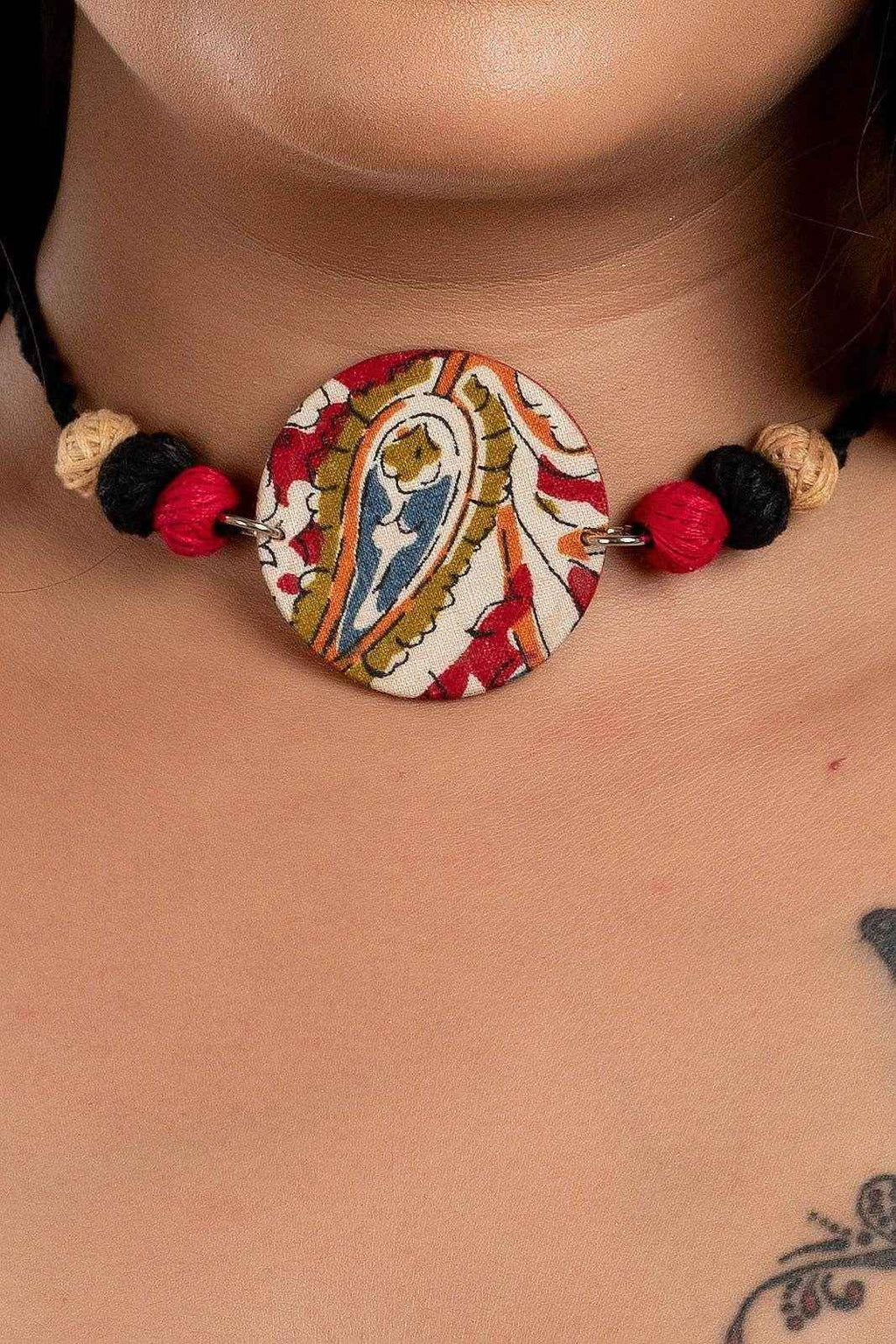 Fabric Handmade Choker Necklace with Kalamkari Design, Thread Balls, and Adjustable Dori for Women - Lookandadorn.com