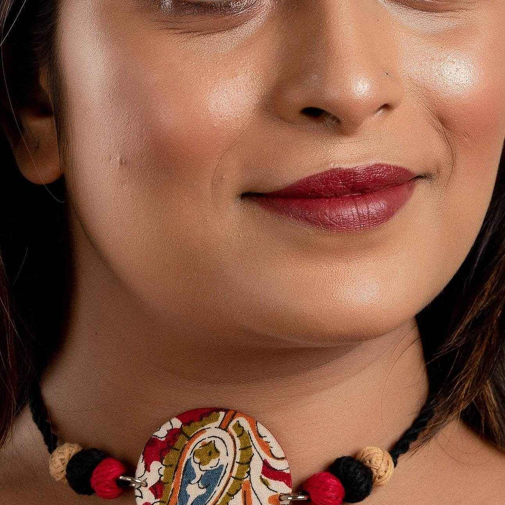 Fabric Handmade Choker Necklace with Kalamkari Design, Thread Balls, and Adjustable Dori for Women - Lookandadorn.com