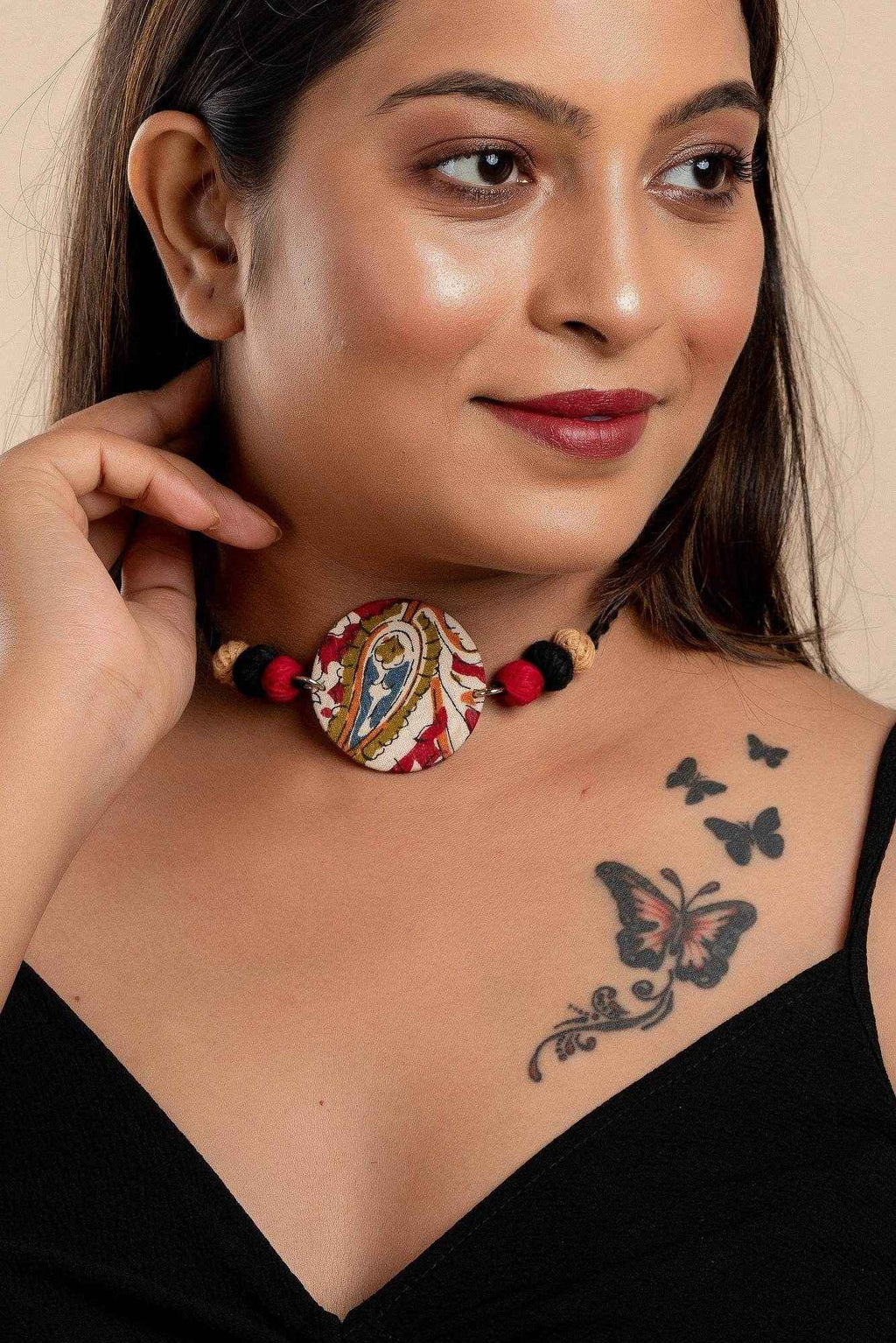 Fabric Handmade Choker Necklace with Kalamkari Design, Thread Balls, and Adjustable Dori for Women - Lookandadorn.com