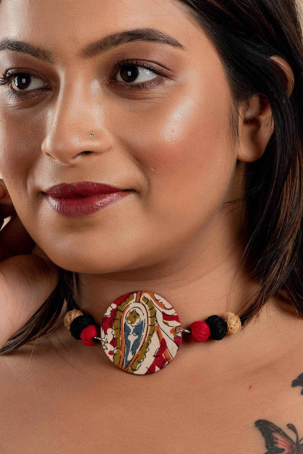 Fabric Handmade Choker Necklace with Kalamkari Design, Thread Balls, and Adjustable Dori for Women - Lookandadorn.com