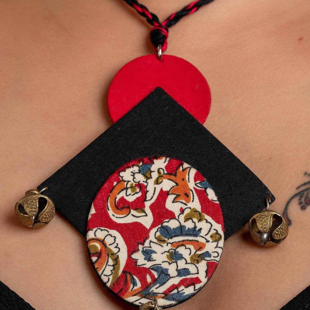 Red Black Kalamkari Necklace with Brass Ghungroo - Handcrafted Fabric Jewelry Set for Women - Lookandadorn.com