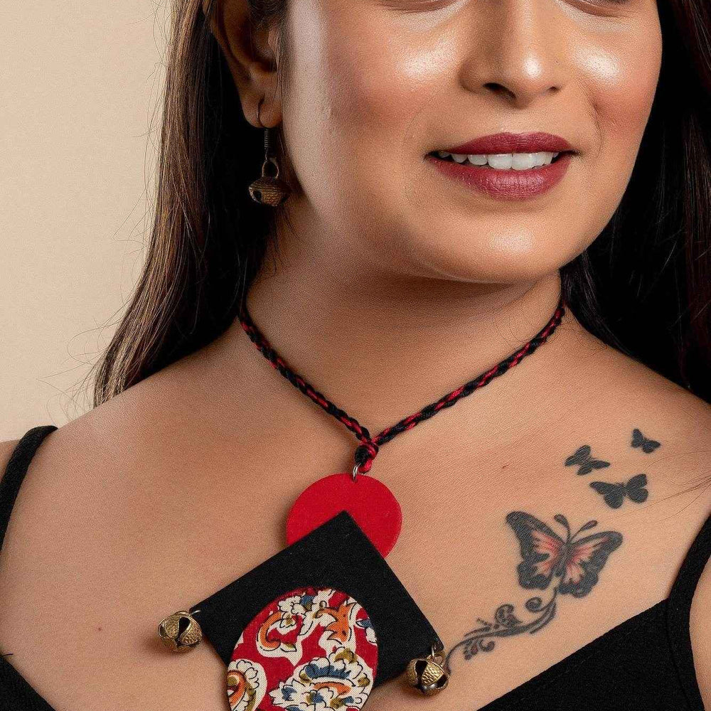Red Black Kalamkari Necklace with Brass Ghungroo - Handcrafted Fabric Jewelry Set for Women - Lookandadorn.com