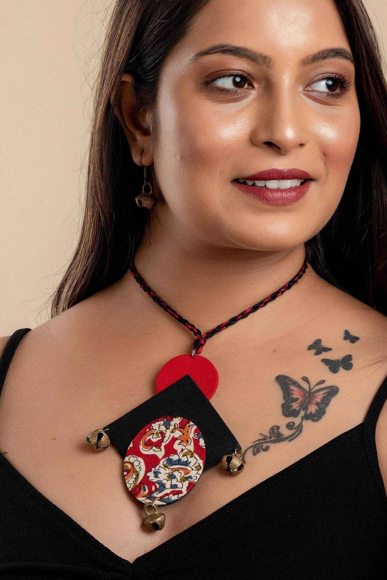 Red Black Kalamkari Necklace with Brass Ghungroo - Handcrafted Fabric Jewelry Set for Women - Lookandadorn.com