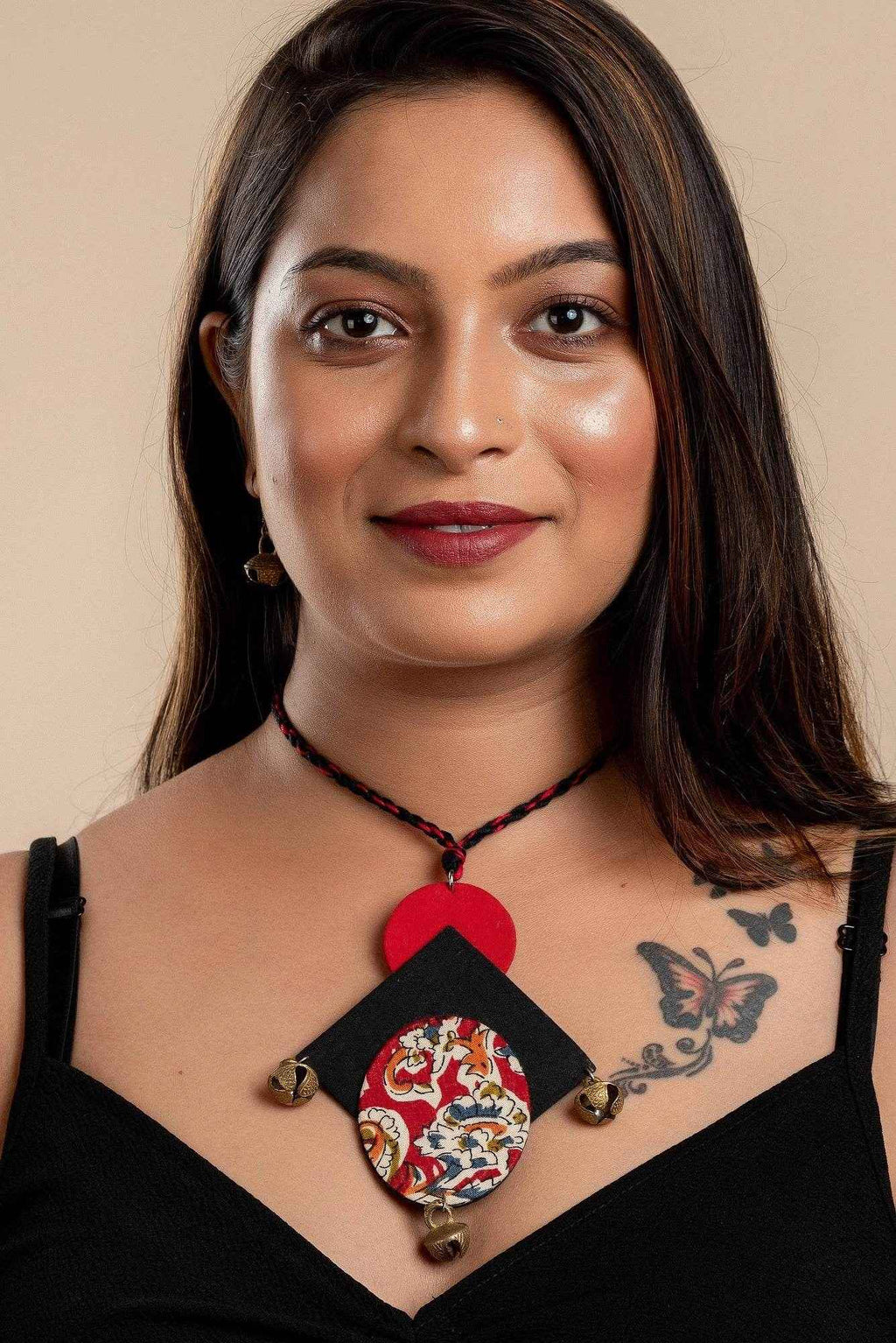 Red Black Kalamkari Necklace with Brass Ghungroo - Handcrafted Fabric Jewelry Set for Women - Lookandadorn.com