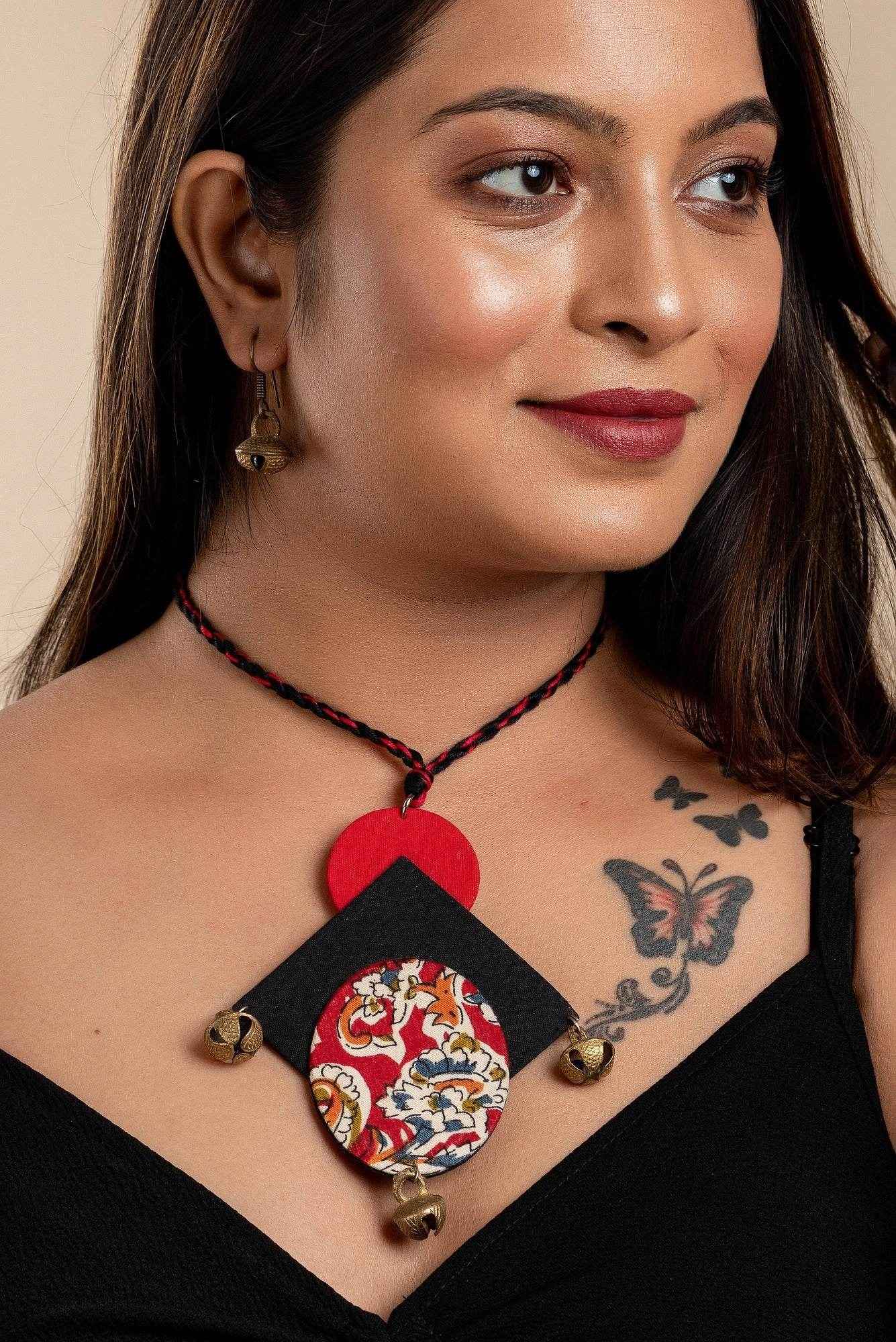 Red Black Kalamkari Necklace with Brass Ghungroo - Handcrafted Fabric Jewelry Set for Women - Lookandadorn.com