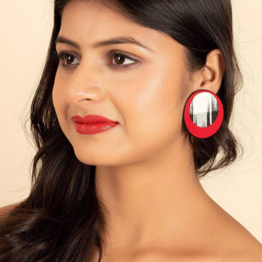 Handmade Red, Black, White Ikkat Cotton Fabric Stud Earrings - Perfect for Gifting and All Occasions - Lookandadorn.com