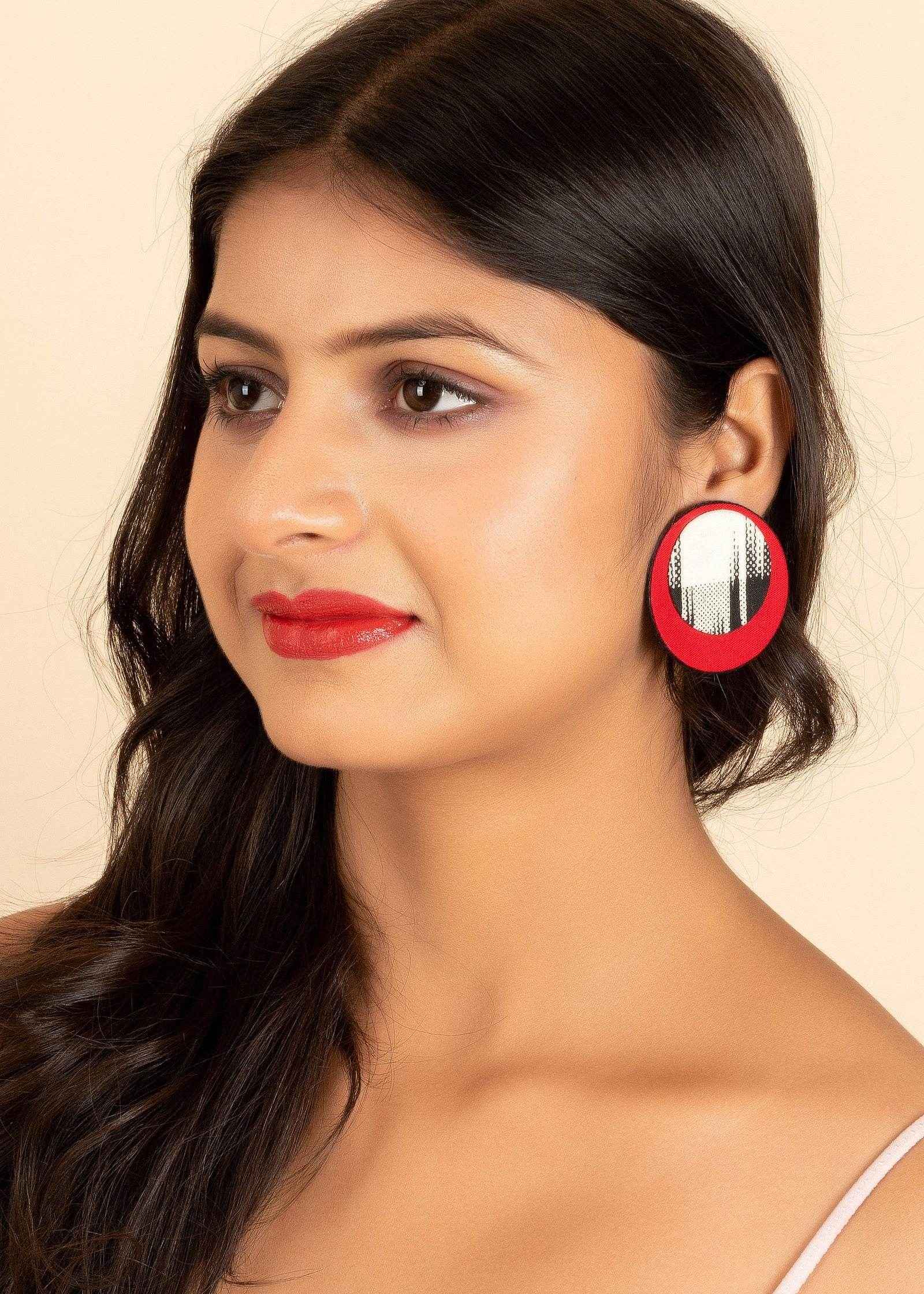 Handmade Red, Black, White Ikkat Cotton Fabric Stud Earrings - Perfect for Gifting and All Occasions - Lookandadorn.com