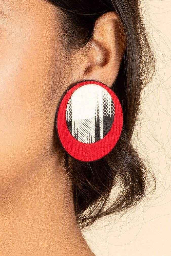 Handmade Red, Black, White Ikkat Cotton Fabric Stud Earrings - Perfect for Gifting and All Occasions - Lookandadorn.com