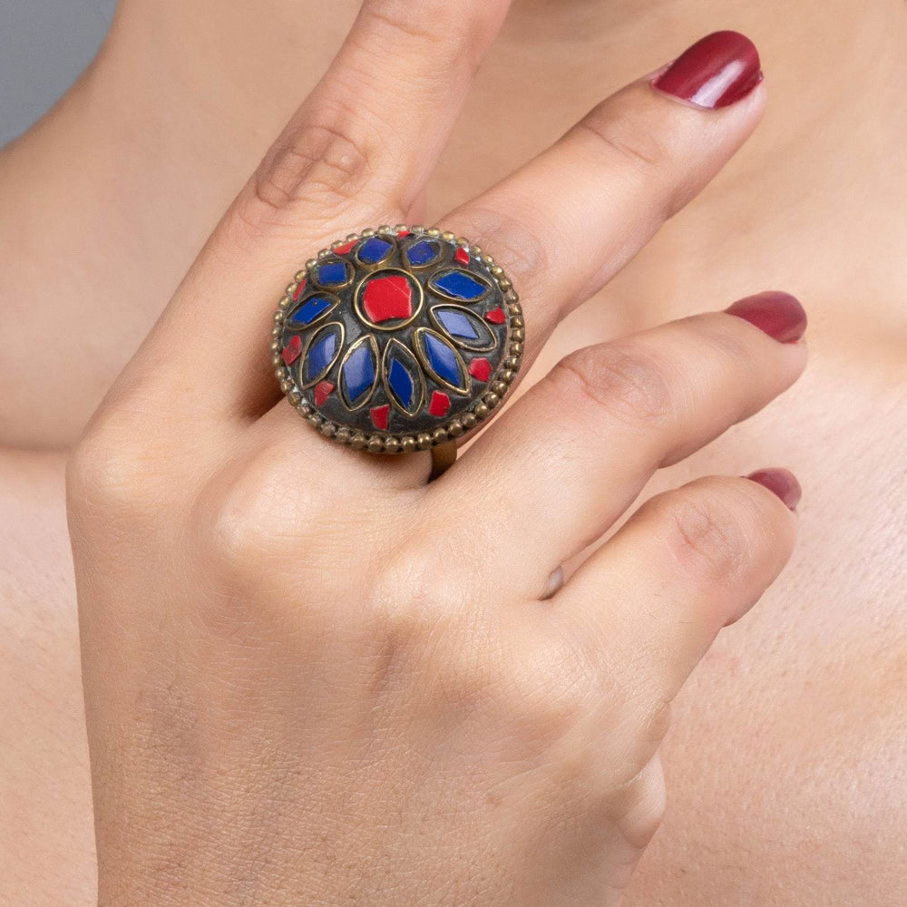 Red Blue Tibetan Finger Ring - Unique Vibrant Design for All Occasions, Non-Allergic Plating - Lookandadorn.com