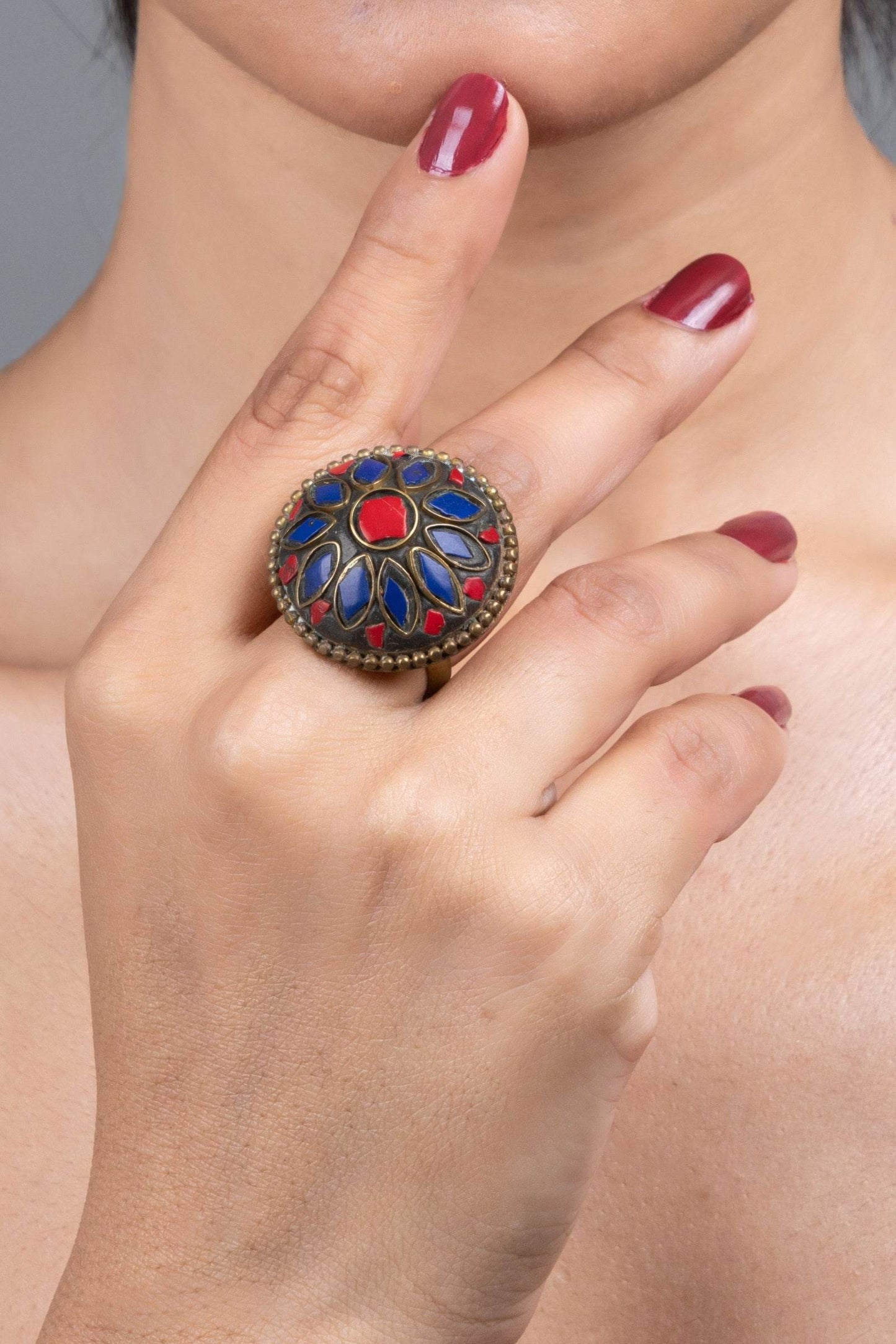 Red Blue Tibetan Finger Ring - Unique Vibrant Design for All Occasions, Non-Allergic Plating - Lookandadorn.com