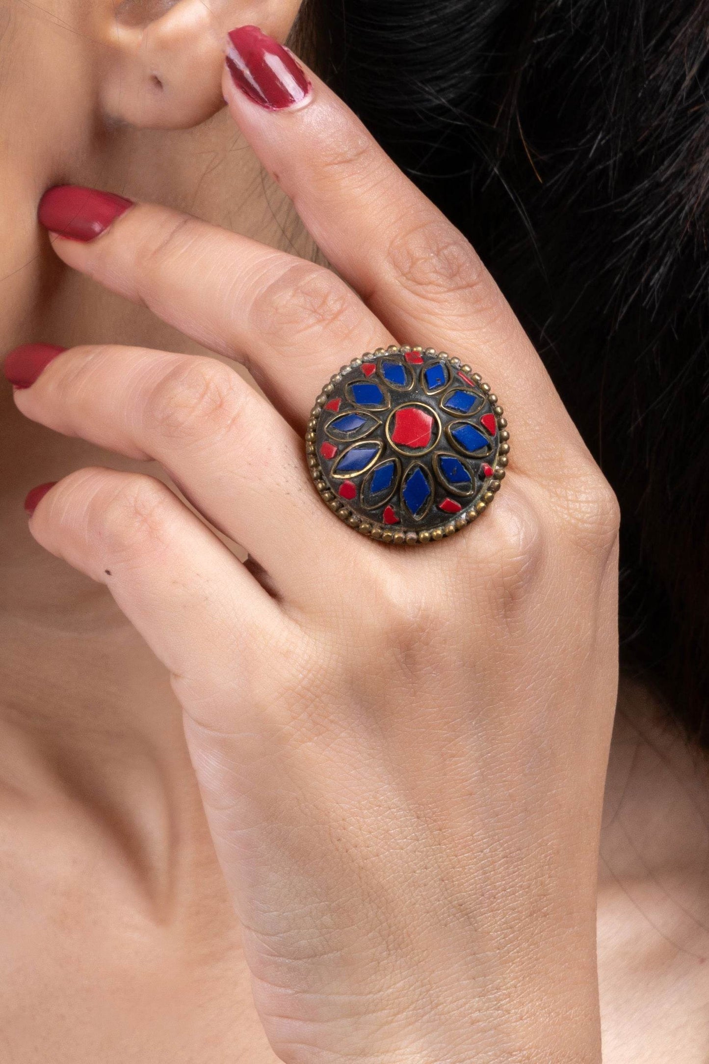 Red Blue Tibetan Finger Ring - Unique Vibrant Design for All Occasions, Non-Allergic Plating - Lookandadorn.com