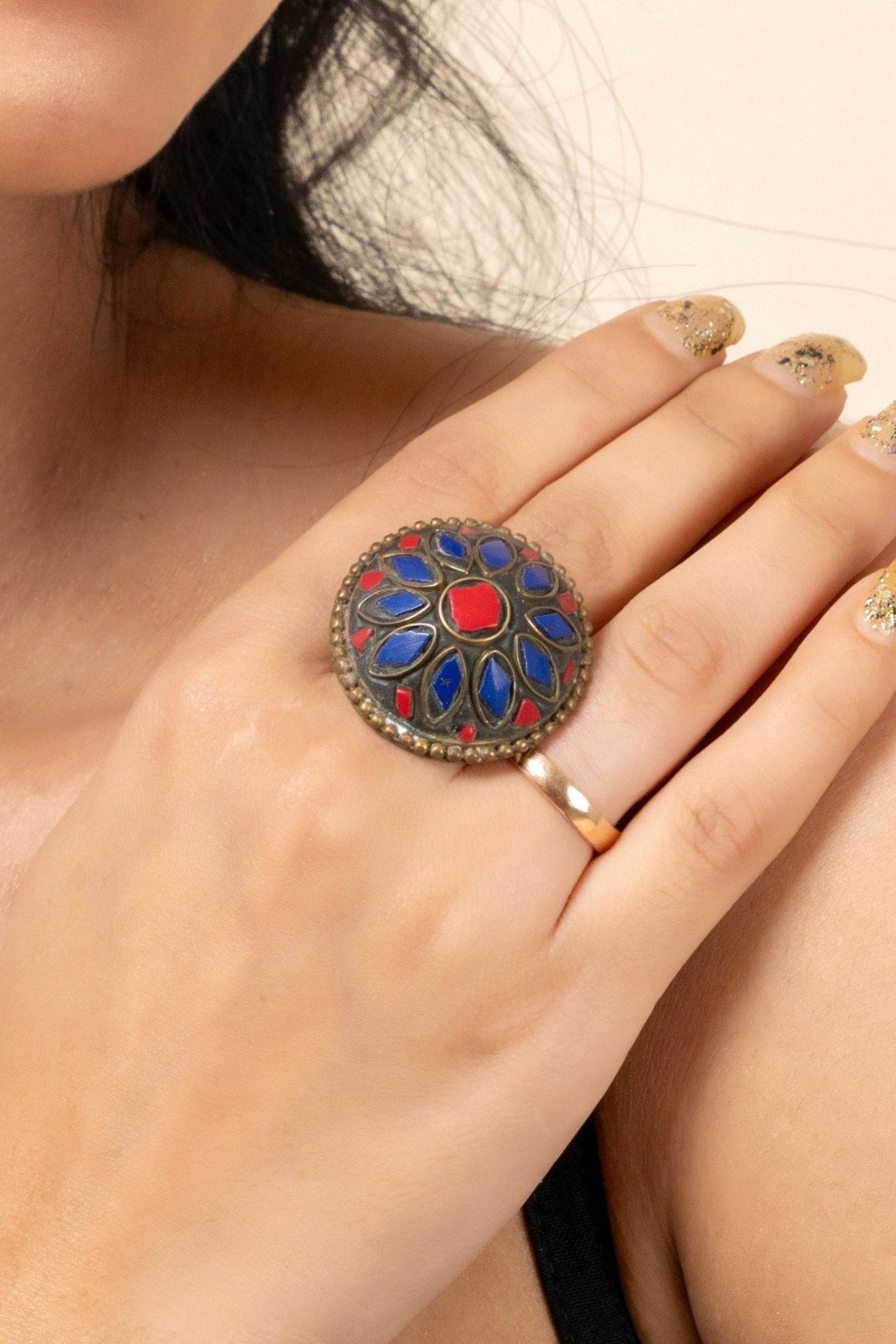 Red Blue Tibetan Finger Ring - Unique Vibrant Design for All Occasions, Non-Allergic Plating - Lookandadorn.com