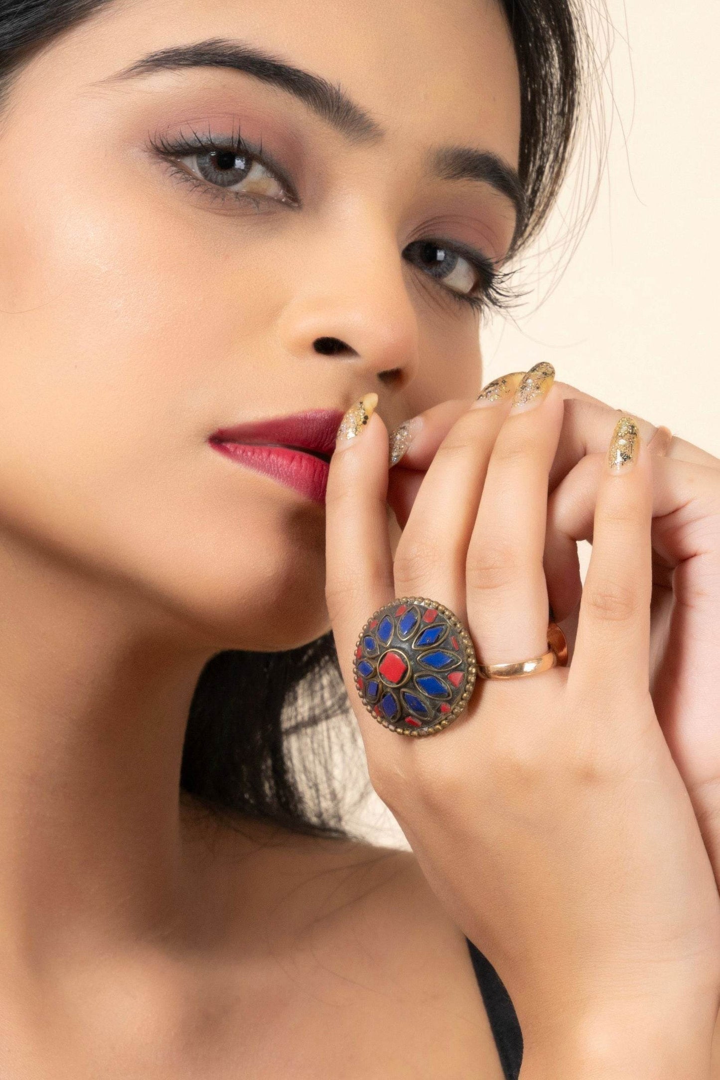 Red Blue Tibetan Finger Ring - Unique Vibrant Design for All Occasions, Non-Allergic Plating - Lookandadorn.com