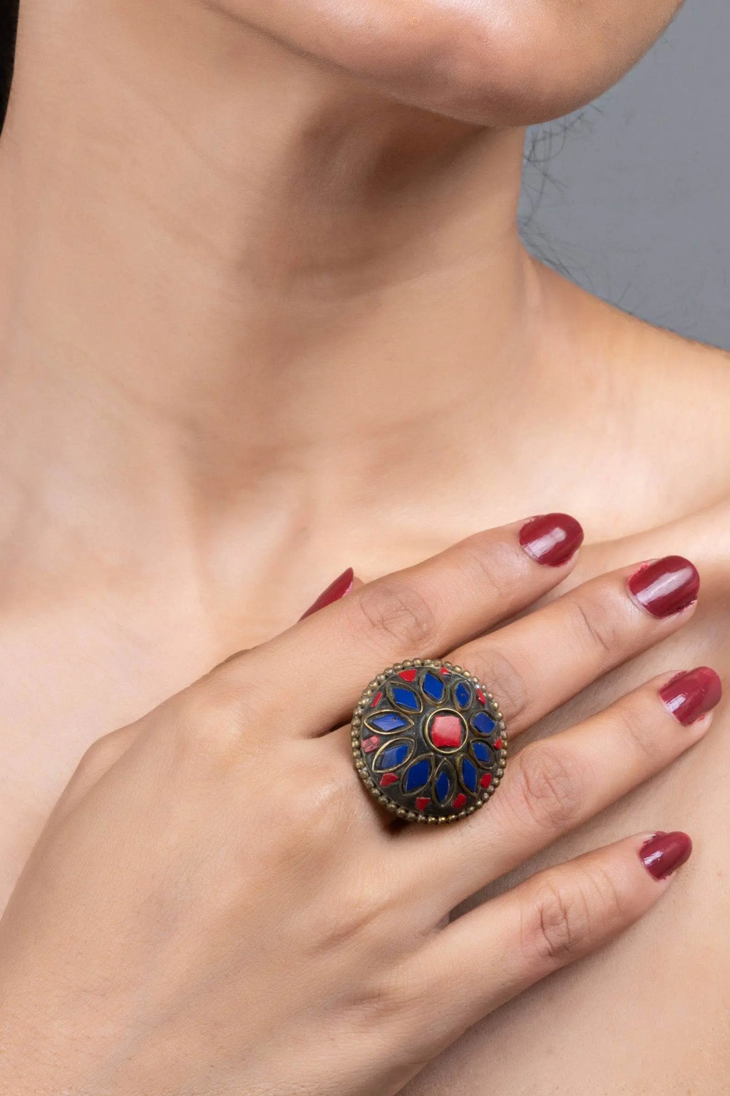 Red Blue Tibetan Finger Ring - Unique Vibrant Design for All Occasions, Non-Allergic Plating - Lookandadorn.com