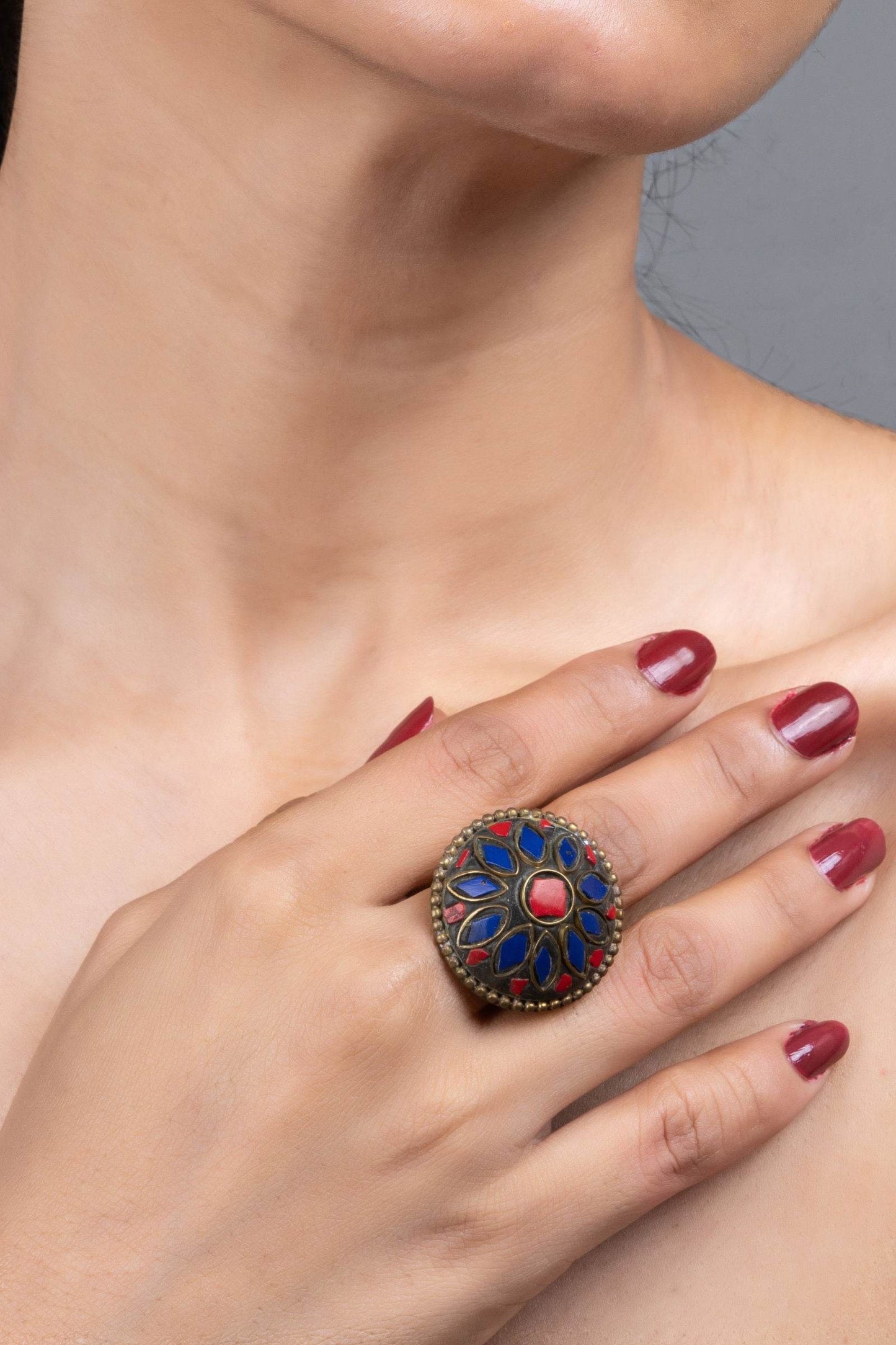 Red Blue Tibetan Finger Ring - Unique Vibrant Design for All Occasions, Non-Allergic Plating - Lookandadorn.com