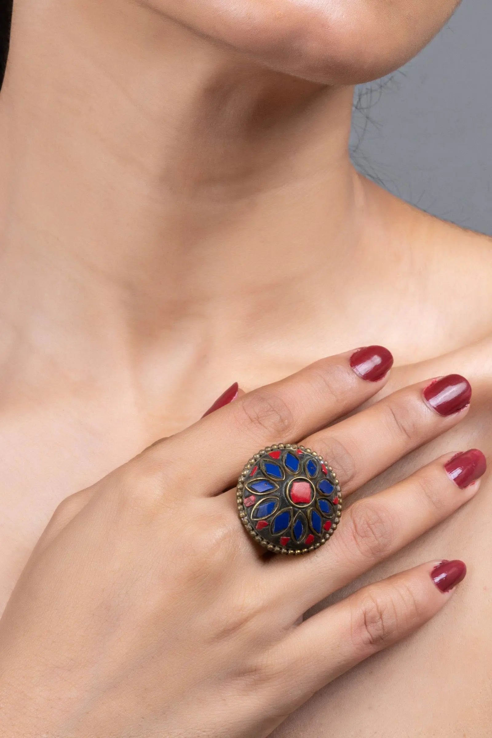Red Blue Tibetan Finger Ring - Unique Vibrant Design for All Occasions, Non-Allergic Plating - Lookandadorn.com