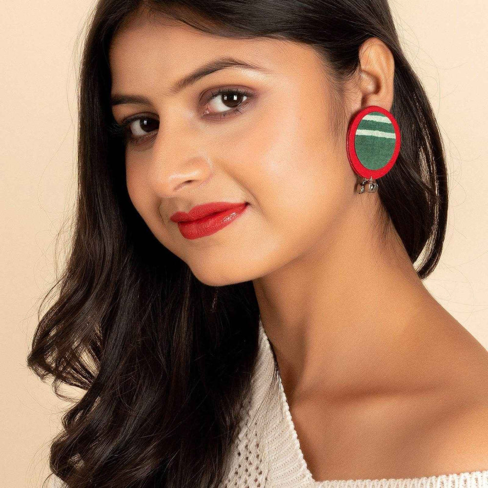 Lightweight Handmade Red Green Ajrakh Cotton Fabric Ghungroo Stud Earrings - Lookandadorn.com