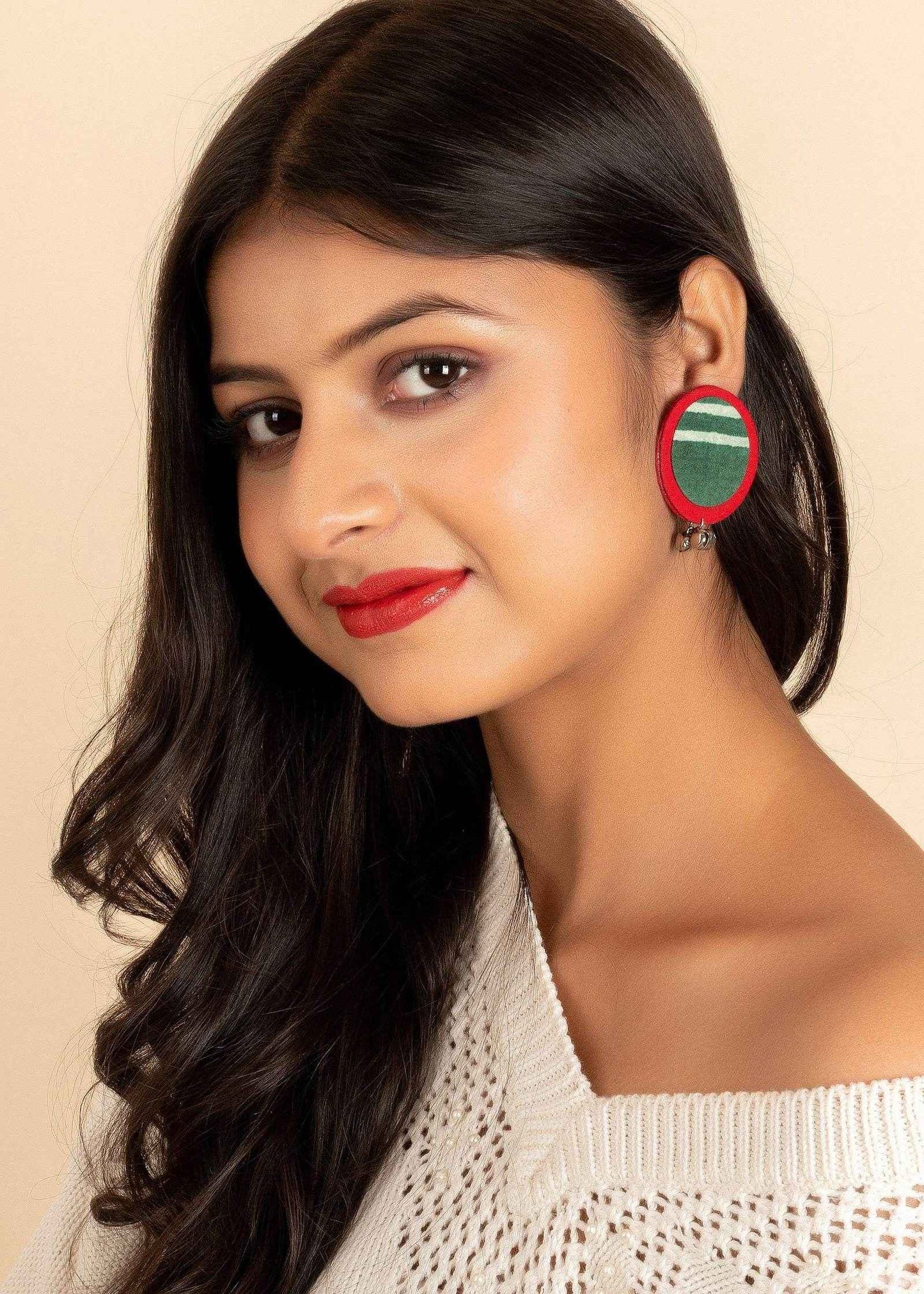 Lightweight Handmade Red Green Ajrakh Cotton Fabric Ghungroo Stud Earrings - Lookandadorn.com