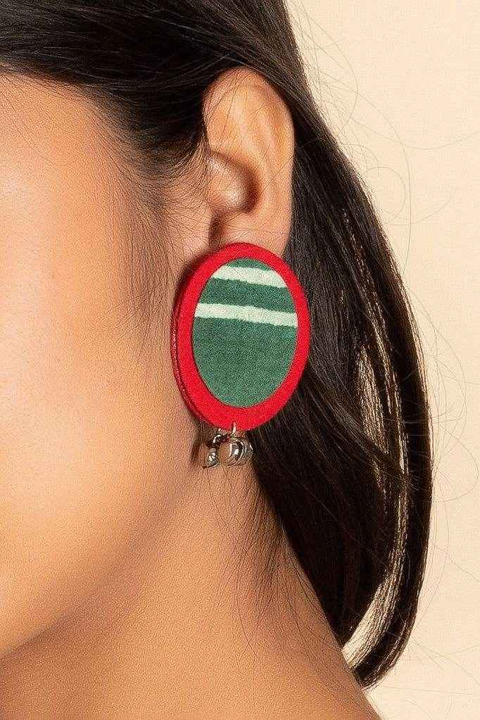 Lightweight Handmade Red Green Ajrakh Cotton Fabric Ghungroo Stud Earrings - Lookandadorn.com