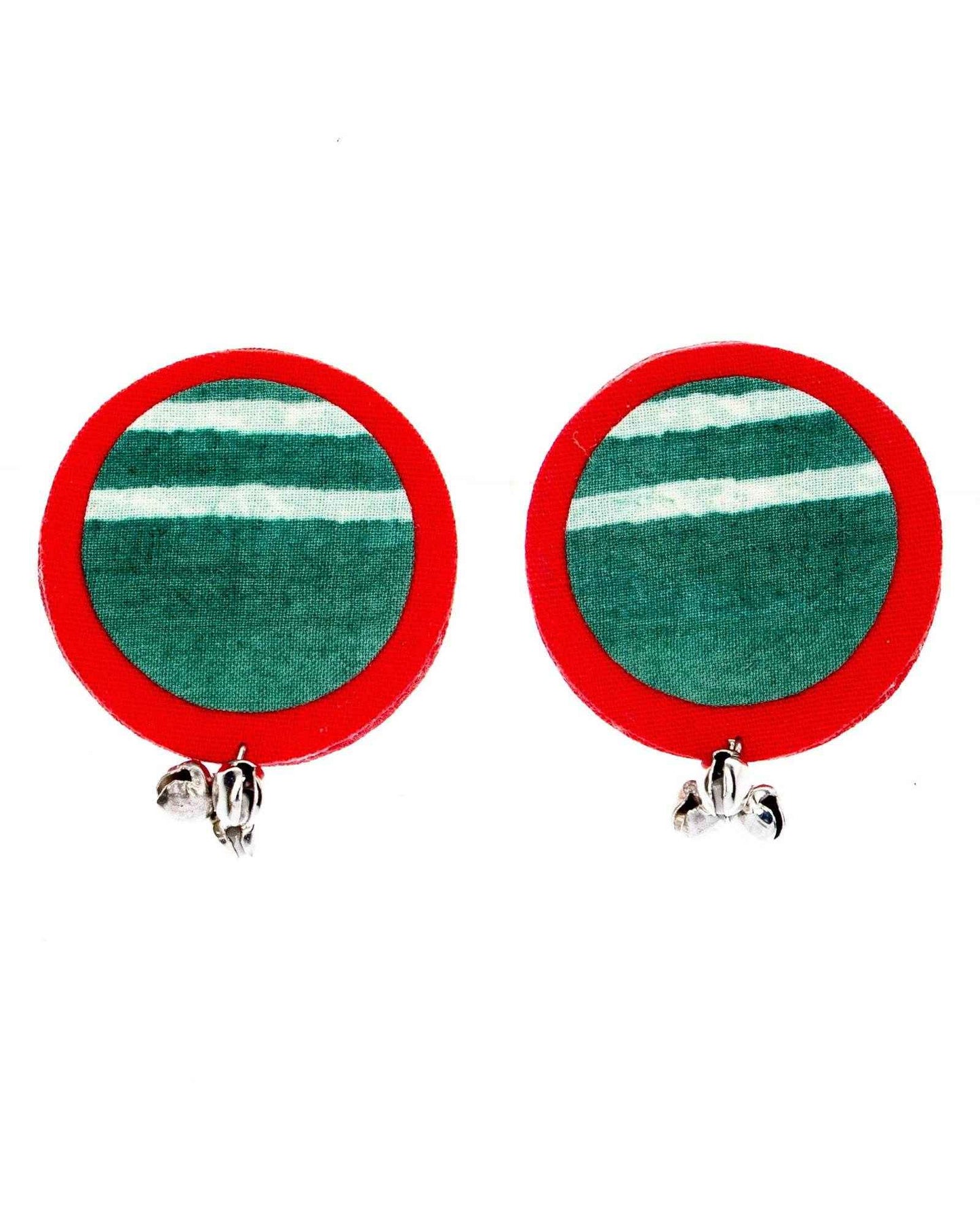 Lightweight Handmade Red Green Ajrakh Cotton Fabric Ghungroo Stud Earrings - Lookandadorn.com