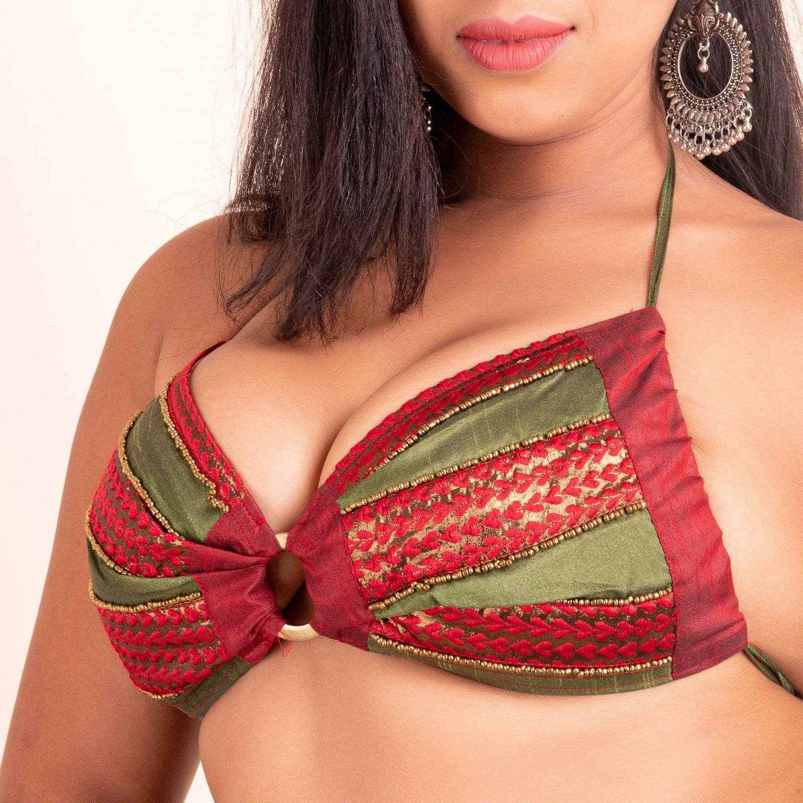 Embroidered Bikini Blouse in Red & Green, Backless Halter Style, Non-Padded - Lookandadorn.com