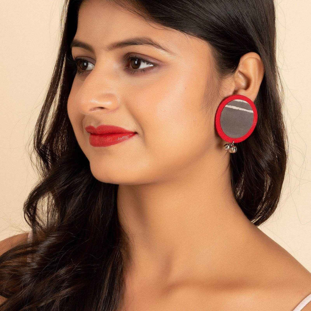 Handmade Red Grey Ajrakh Cotton Fabric Ghungroo Stud Earrings - Perfect for All Occasions - Lookandadorn.com